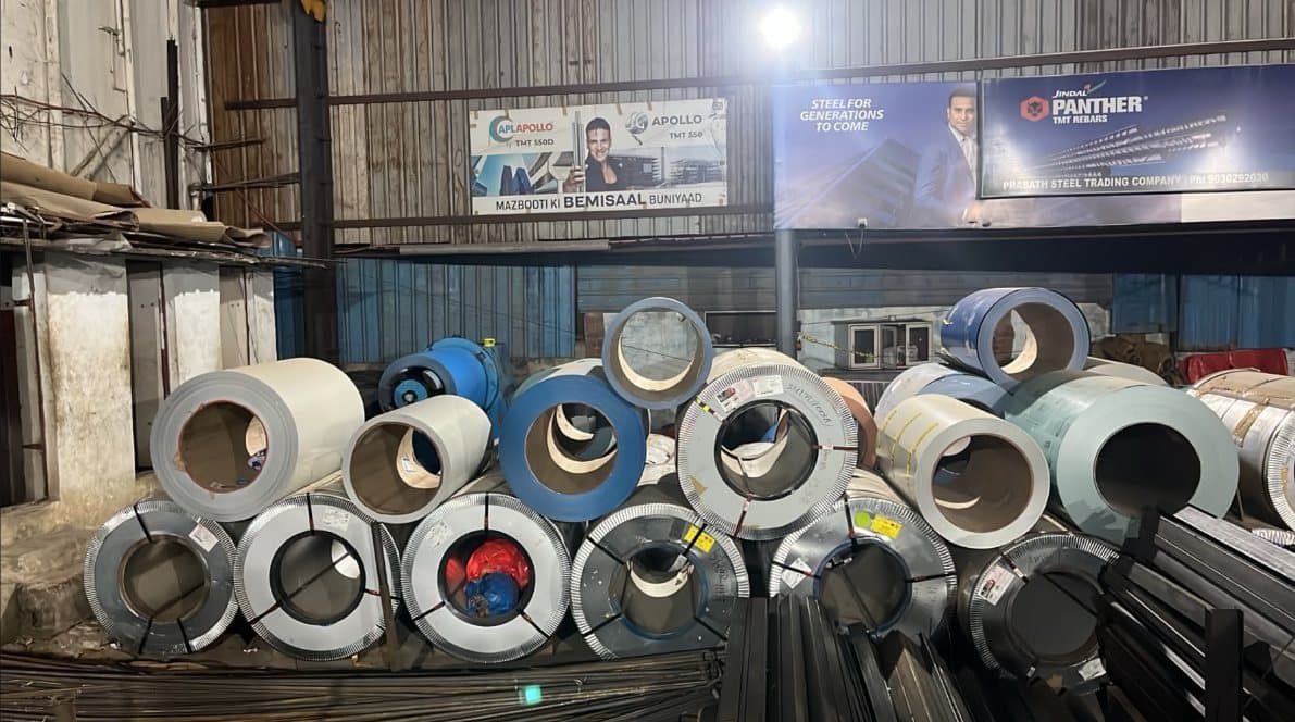CR, GI and colour coated steel coils stacked at the premises