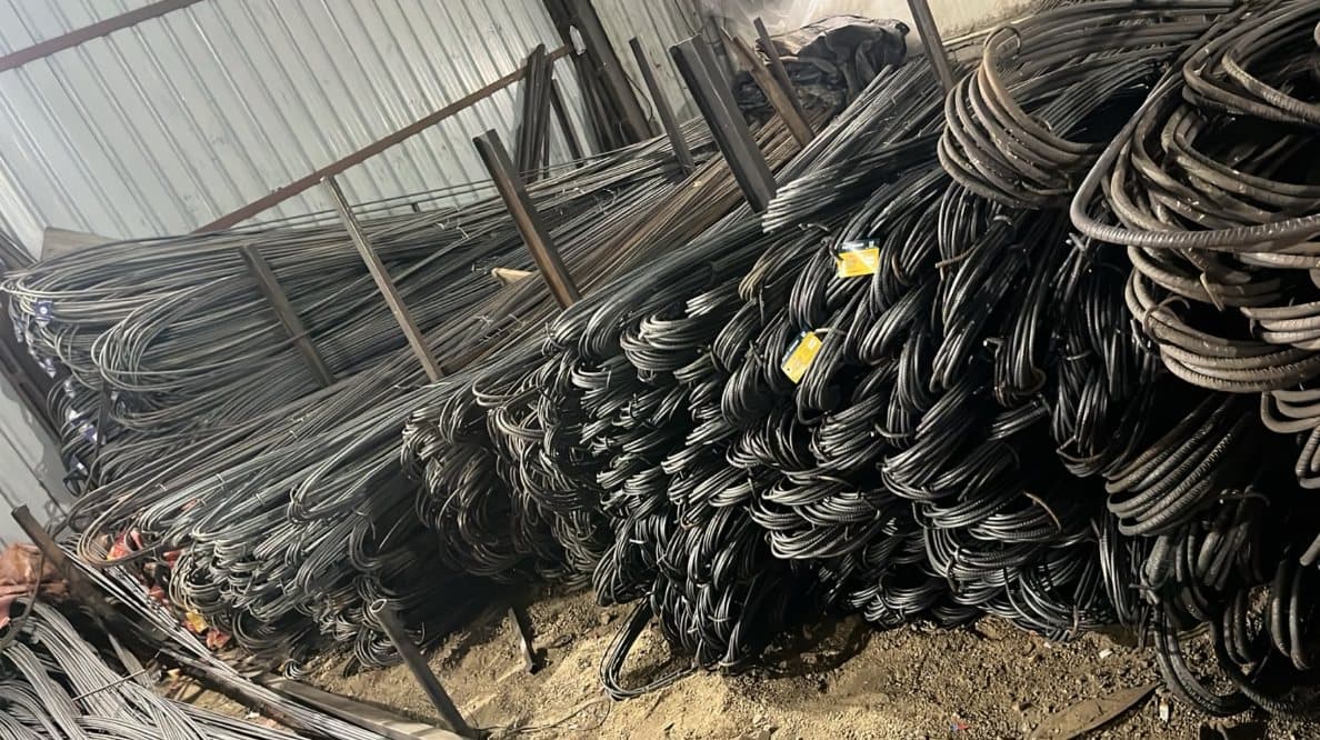 Wide view of TMT reinforcement bar stock in the shed