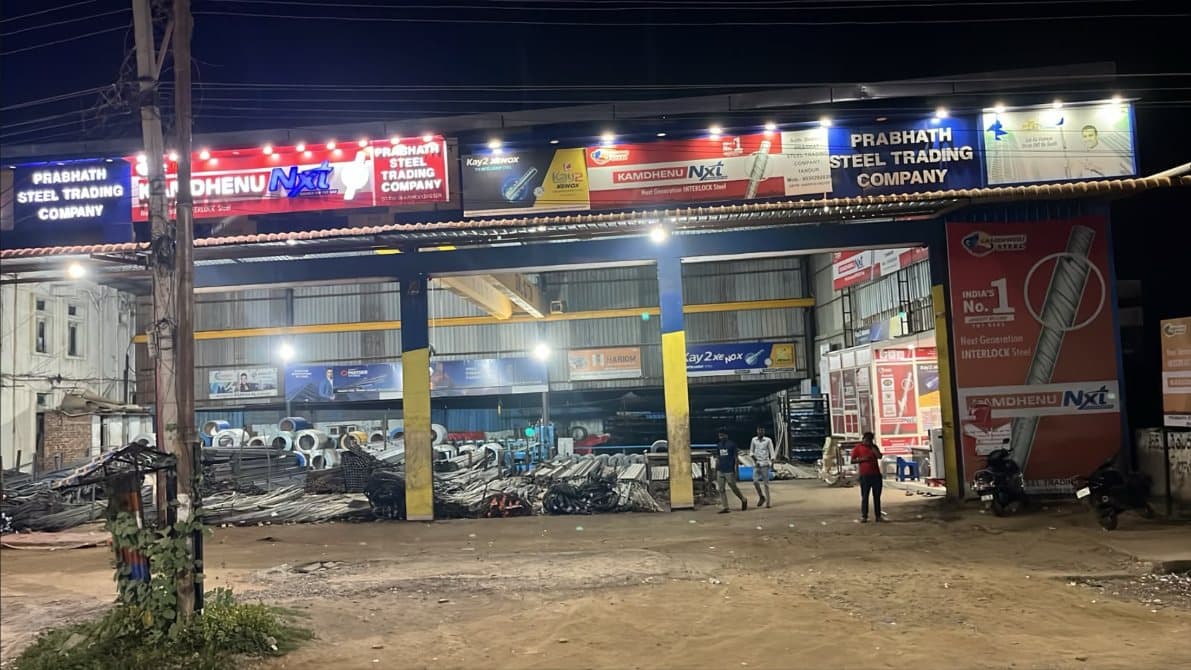 Steel trading premises at Tandur photographed in the evening